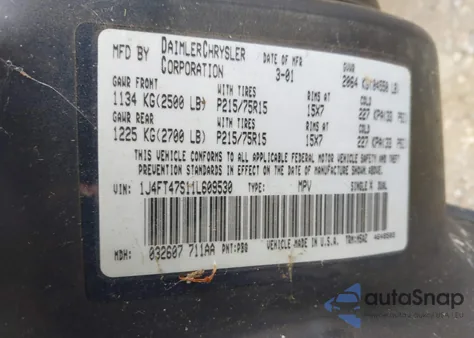 2001 Jeep Cherokee Sport z USA, uszkodzony, nr VIN 1J4FT47S11L609530